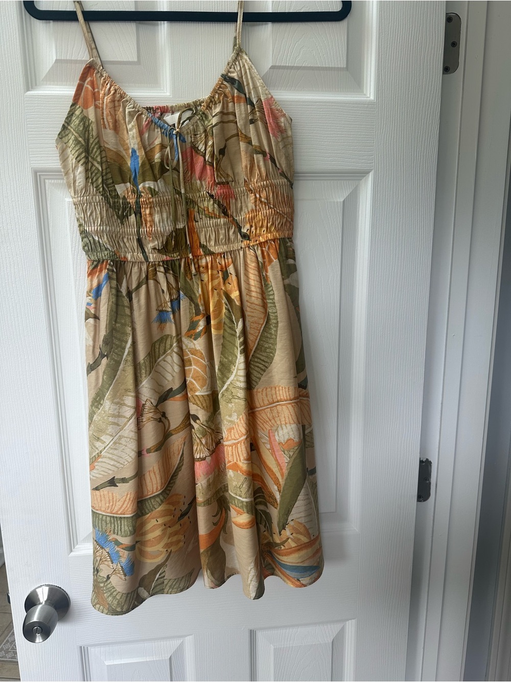 H&M Beige Tropical Print Sundress with Green and Orange Accents
